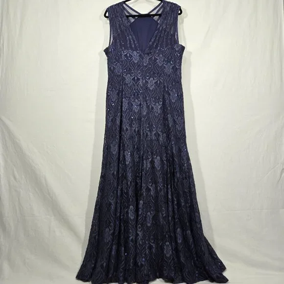 R & M Richards Mother Of The Bride BLUE Sequined Lace Sheer Formal Dress Size 16 - Picture 3 of 17
